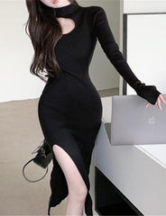 Cutout Half Turtleneck Slim Knit Dress