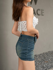 Flower Decor Polka Dot Print Halter Crop Top For