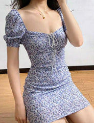 Puff-sleeved Necked Floral Tie Mini Dress