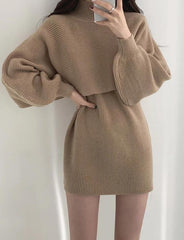 Lantern Sleeve Pullover Mock Neck Shawl Knit Two-Piece Dress