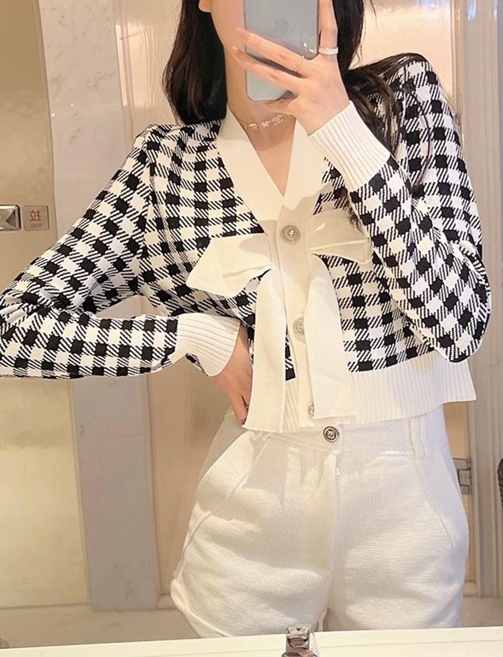 Bowknot Decor Plaid Knit Cardigan