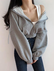 Casual Simple Hooded Cropped Zipper Jacket For