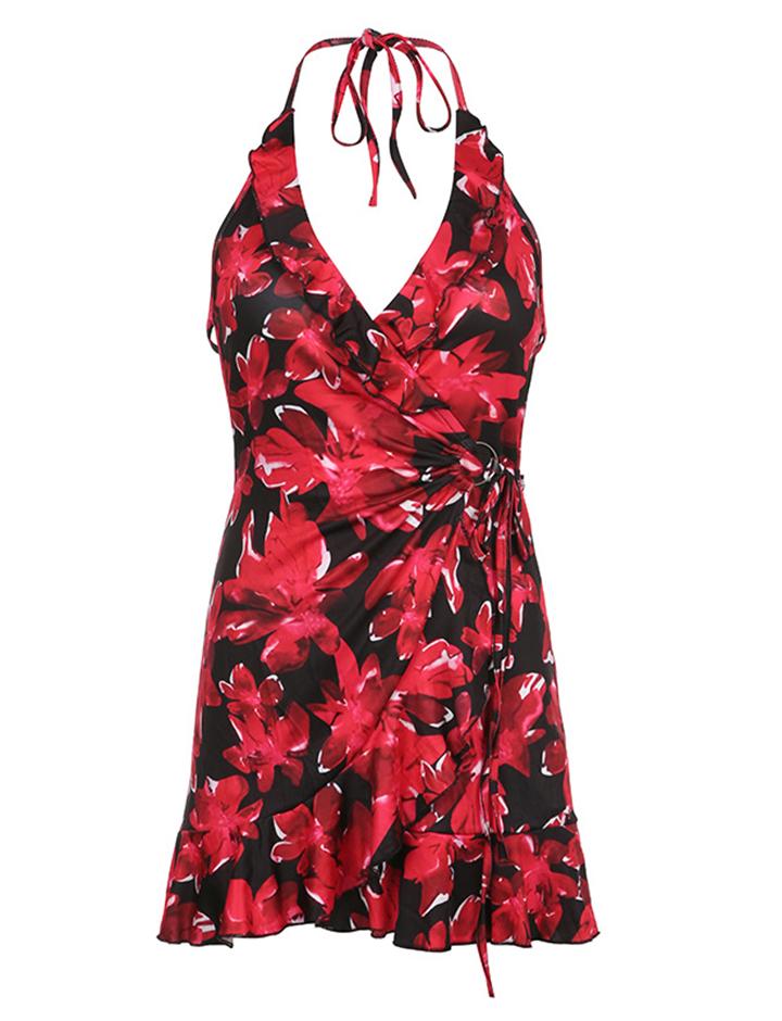 Summer Print Backless   Holiday Style Ruffle Halter Neck Strap Dress