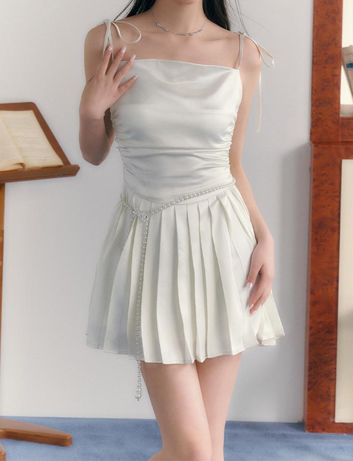 Lace Design White Dress High Waist Suspender Dress