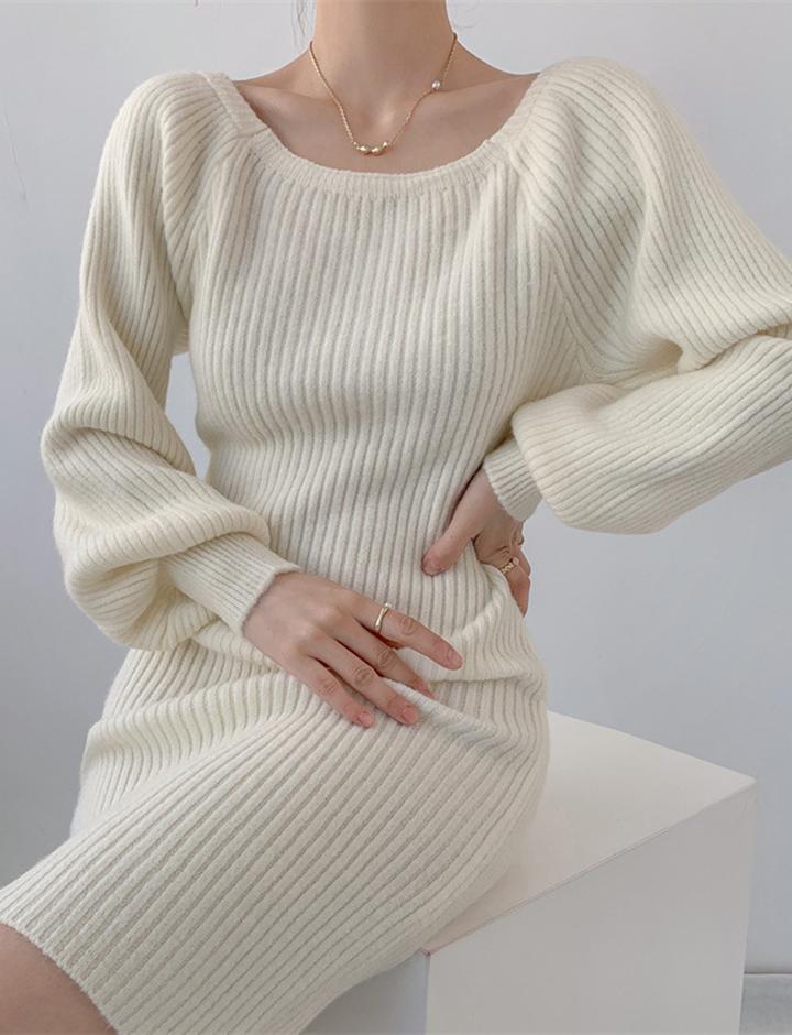 Solid Color Off Shoulder Rib Knit Dress