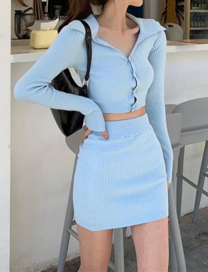 Polo Collar Knitted Long-sleeved Top And Skirt Two-piece Set