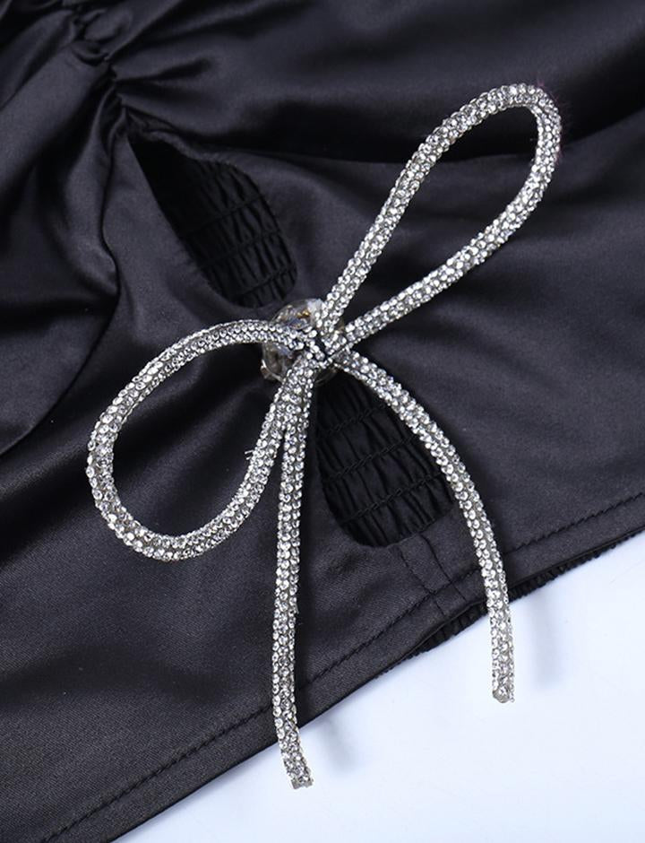 Cutout Rhinestone Bowknot Halter Camisole Crop Top For