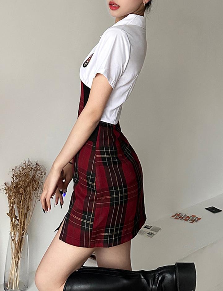 Fake Two Piece Patchwork Plaid Print Mini Dress