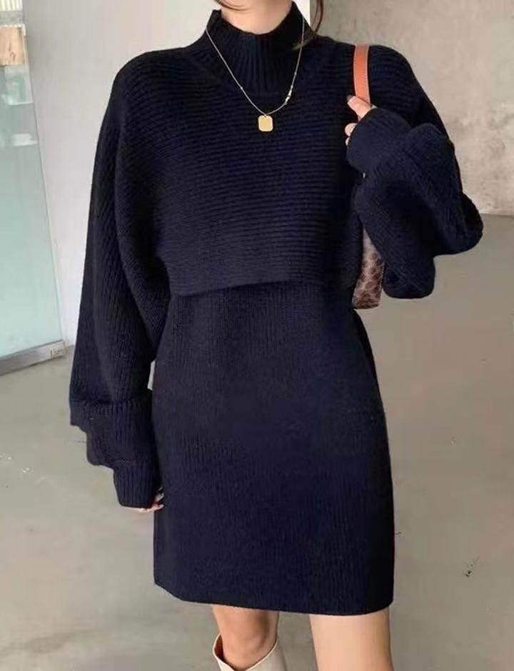 Lantern Sleeve Pullover Mock Neck Shawl Knit Two-Piece Dress