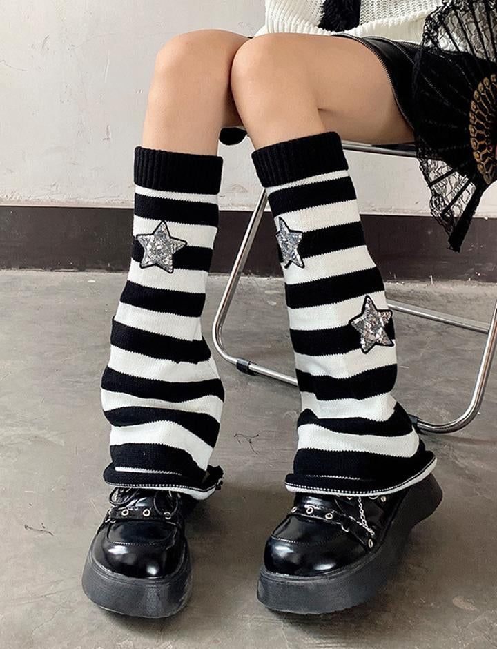 Black and Gray Striped Star Pile Socks