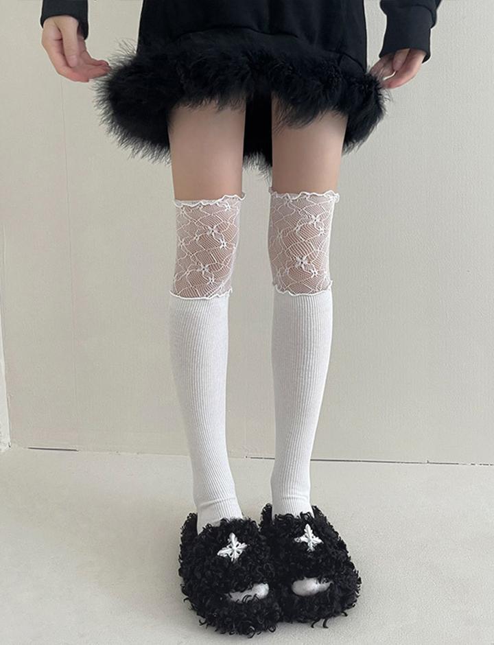 Lace Panel False High Knee Socks