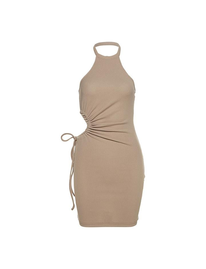 Solid Color Slim Street   Halter Neck   Backless Dress