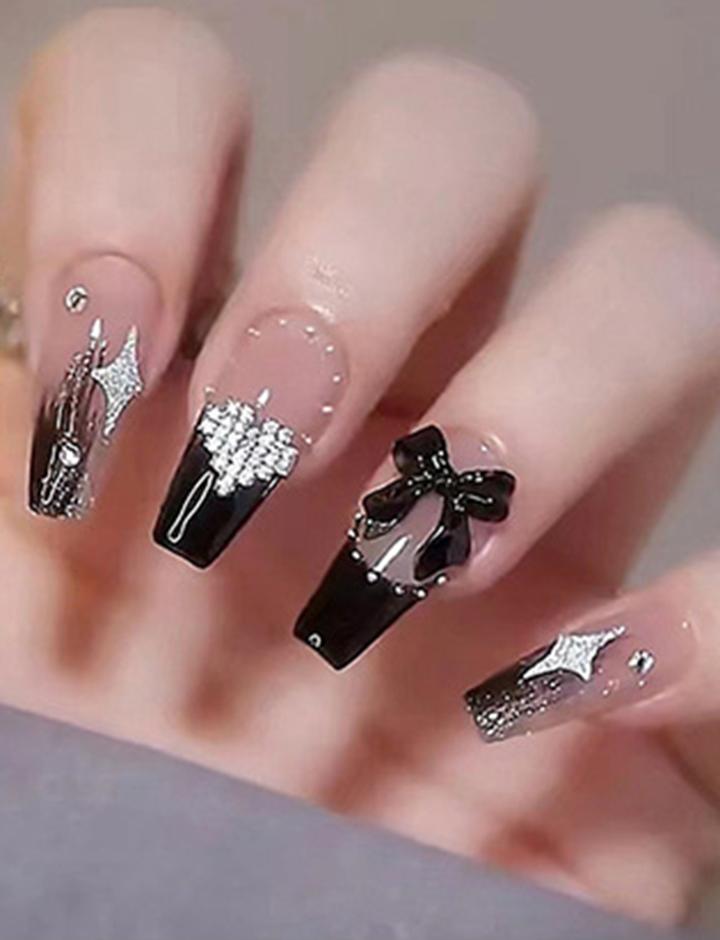 24pcs Chanel Style Bow Tie And Pearl Long Press On Nails