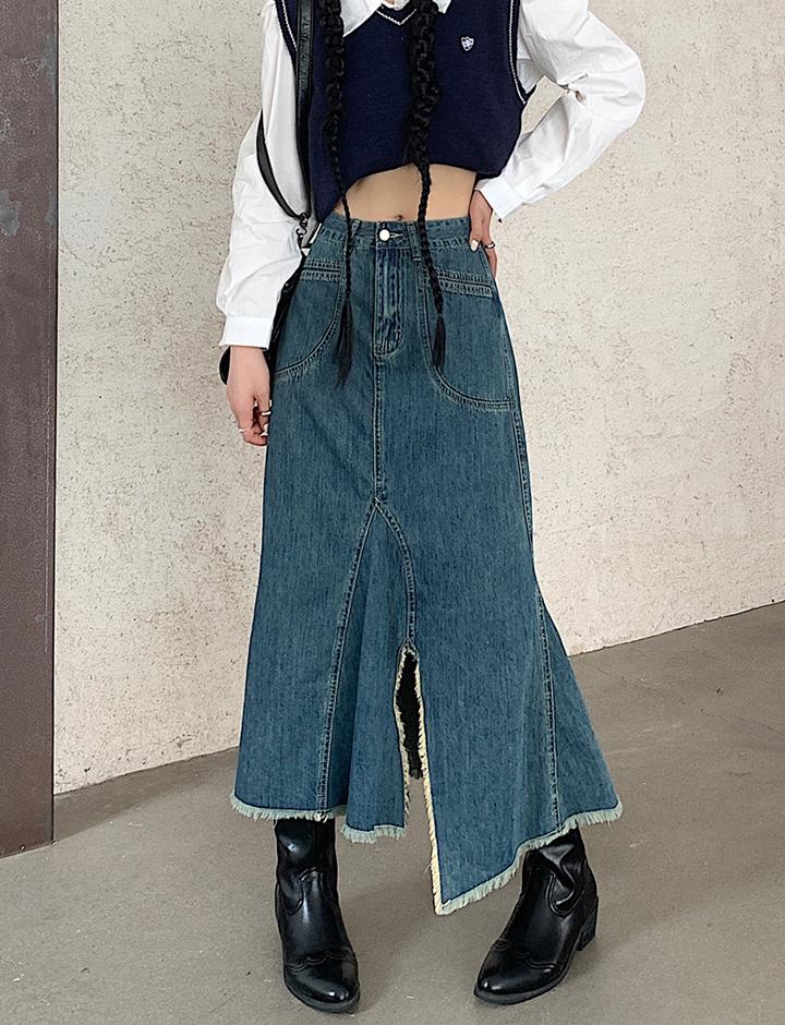 Retro High Waist Frayed Denim Mermaid Skirt