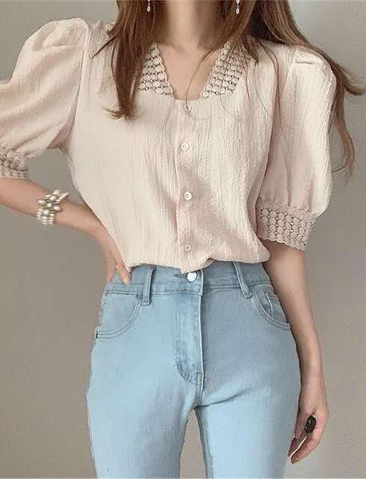 Vintage V-neck Peated Puff Sleeve Lace Shirt