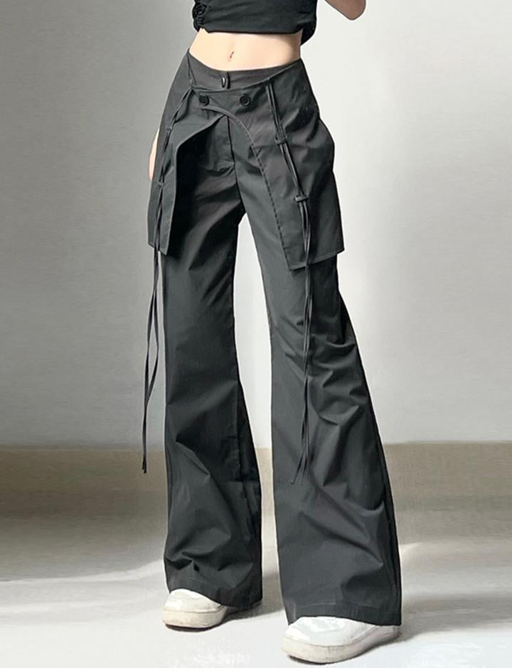 Cross Ribbon Casual Straight Leg Pants High Waist Woven Basic Button Cargo Pants