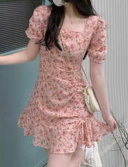 Floral Square Neck Tie Gentle Wind Korean Style Dress