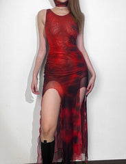 Printed Mesh Wrap Hip Slit Party Slip Midi Red Dress