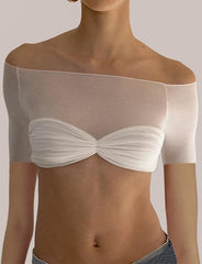 See-Through One-Shoulder Slim Short Navel T-Shirt