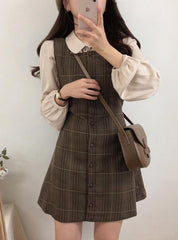 Preppy Suspenders Balloon Sleeve Shirt Two Piece Co Ord Sets