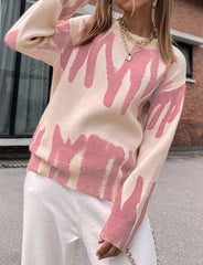 Colorblock Knit Loose Abstract  's Crewneck Pullover Sweater