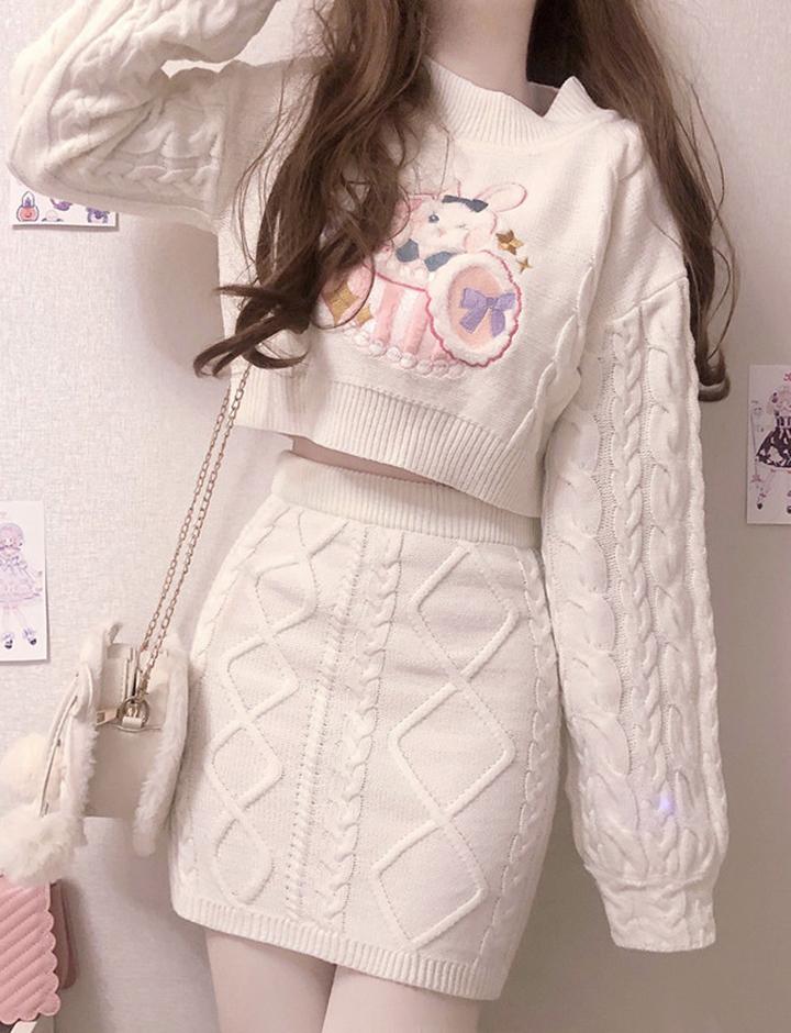 Cute Twist Sweater And Skirt Casual Two Piece Set
