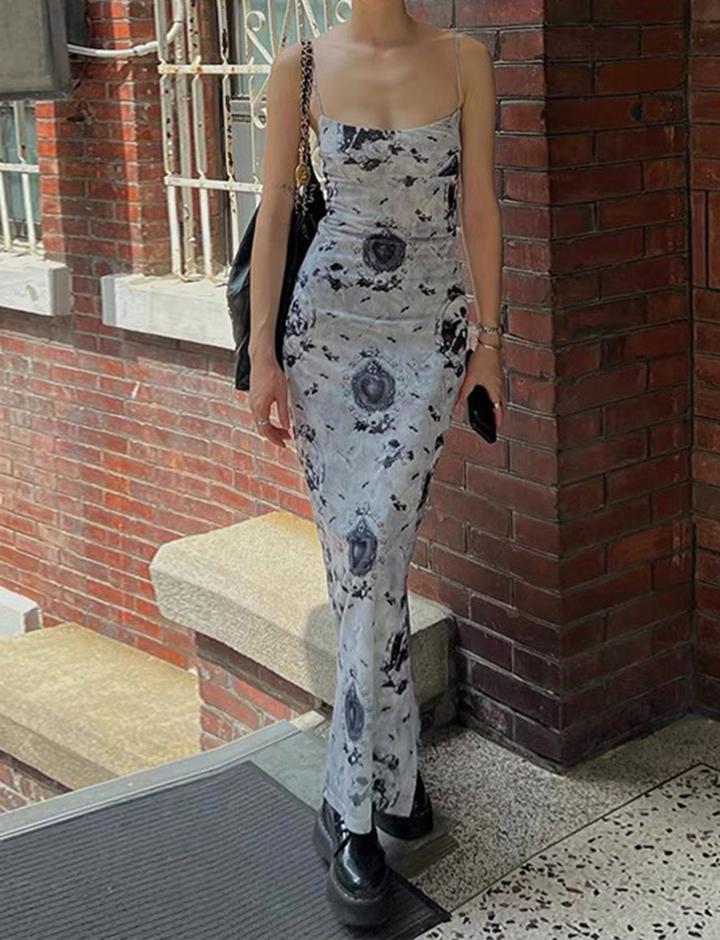 Vintage Flower Print Slim Maxi Dress