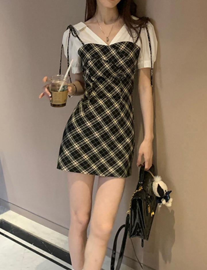 American Retro Posh Fake Two-Piece Hip Skirt Preppy Style Sub Dress