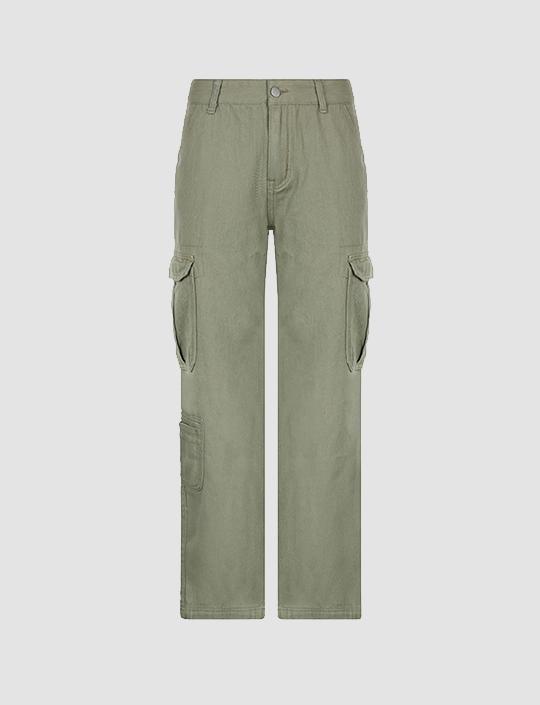 High Waist Slim Retro Pocket Cargo Casual Trousers