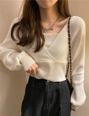 Solid Color Fake Two-Piece Knit Cropped Sweater For