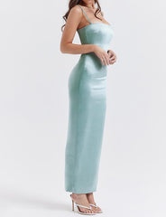 Spaghetti-strap Satin And Lace-Trimmed Slit Wrap Gown Dress