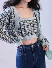 Long-sleeved Cropped Cardigan Vest Plaid Two-Piece Set