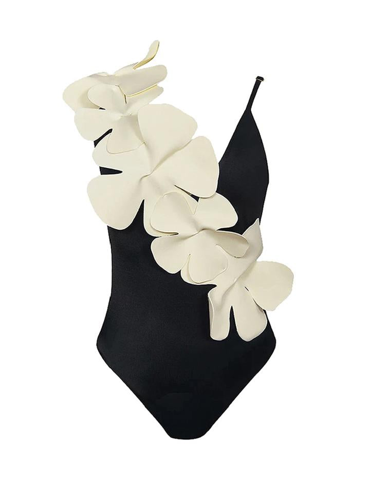 Flower Embellished Slim Swimsuit with Straps For