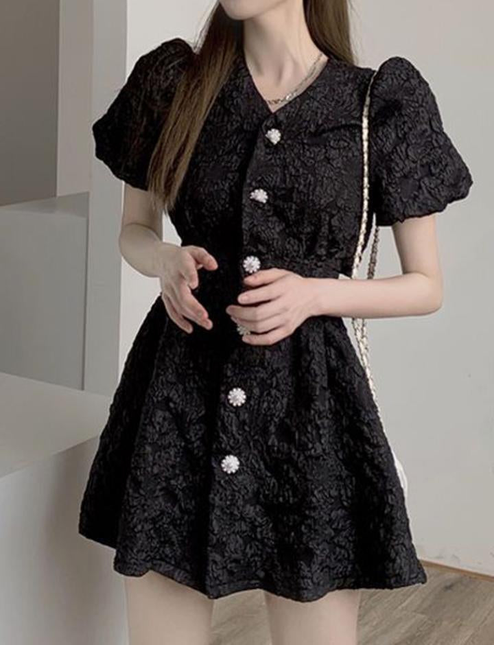 Jacquard Pearl Button Summer Princess Dress For Date