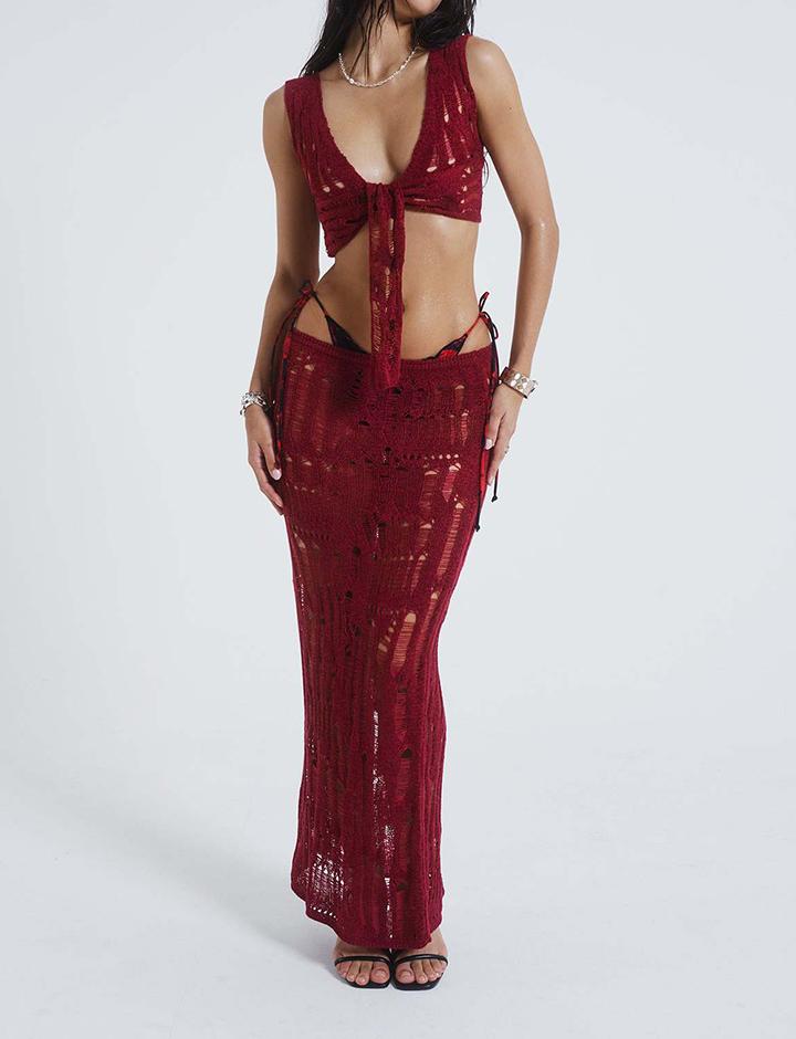 Hollow Out Crochet Camisole and Maxi Skirt Co ord Set