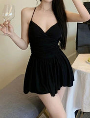 Black Lace Up Backless V Neck Short Dress