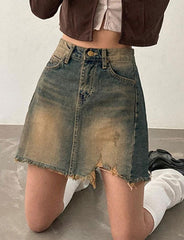 Retro High Waist Loose Irregular Raw Hem Denim Skirt