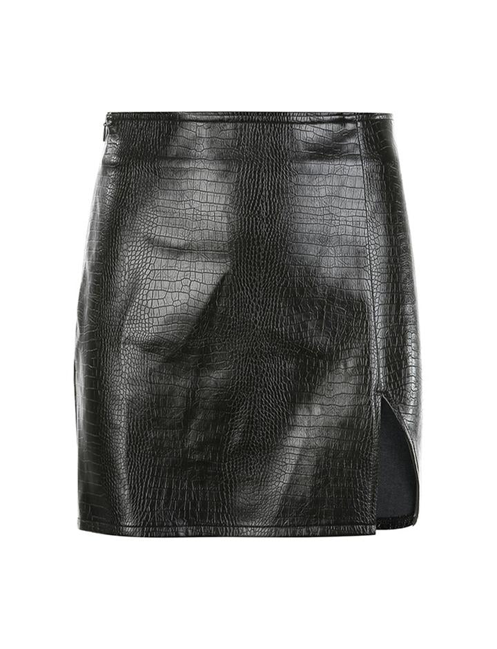 Croc-print Leather   Slim-fit Slit Skirt