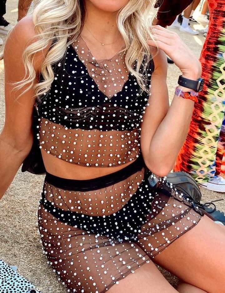 Semi Sheer Mesh Pearl Rhinestone Cover Up Co-ord Set