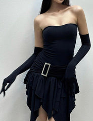 Irregular Hem Split Sleeve Bandeau Black Dress