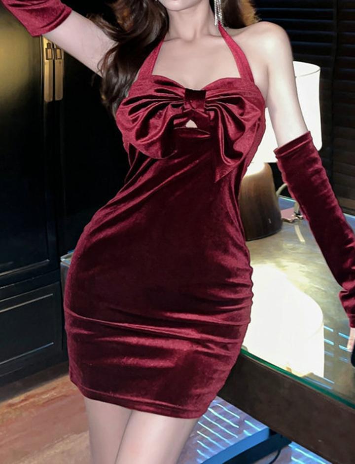 Bowknot Velvet Mini Dress