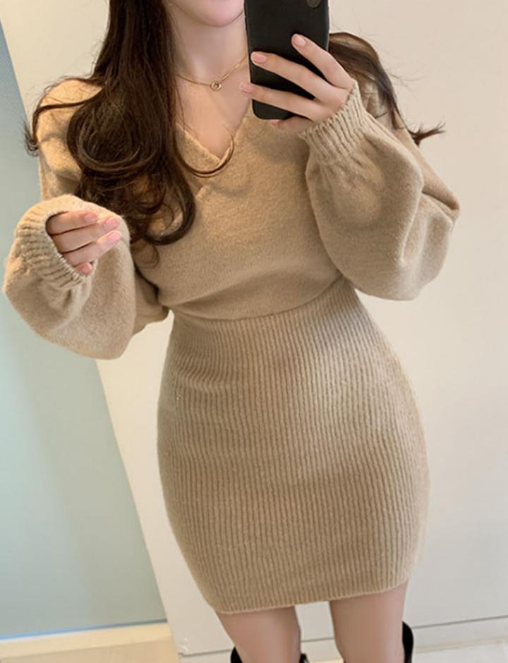 Cross V Neck Knitted Slim Long Sleeve bodycon Dress