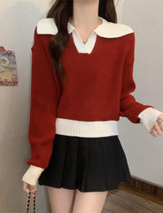 Vintage Loose Long Sleeve Red Polo Neck Knit Sweater