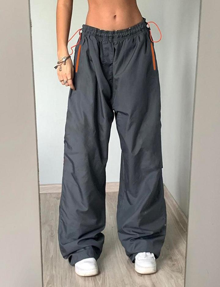 High Waist Drawstring Contrast Zip Pocket Oversized Woven Pants