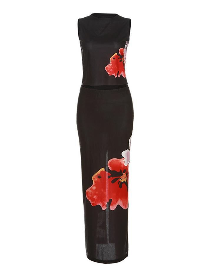 Flower Print Slim Tank Top with Midi Skirt Co ord Set
