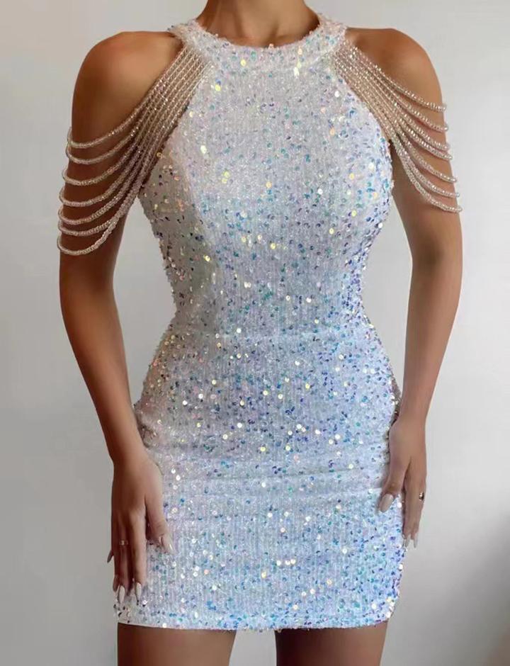 Halter Neck   Crystal Tassel Wrap Hip Sequins European and American Dress