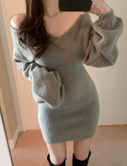 Cross V Neck Knitted Slim Long Sleeve bodycon Dress