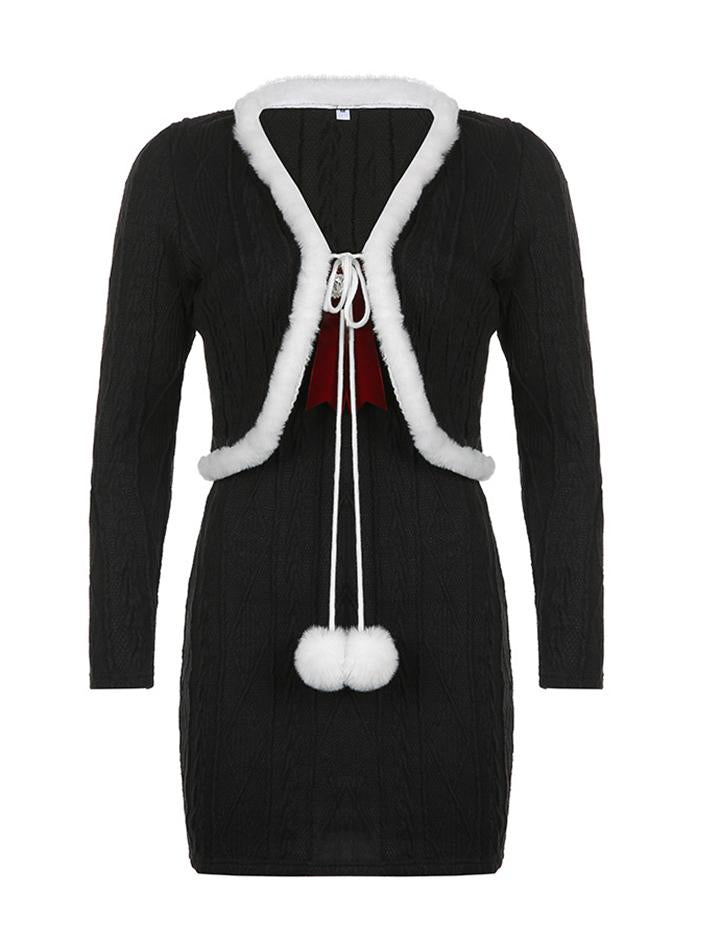 Faux Fur Trim Cardigan With Bowknot Decor Dress Set