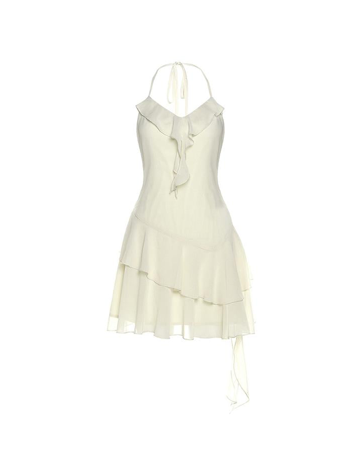 Ruffled Decor Tiered Hem Halter Mini Dress