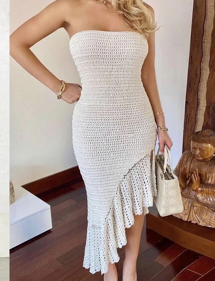 Irregular Fringe Hem Strapless Crochet Midi Dress